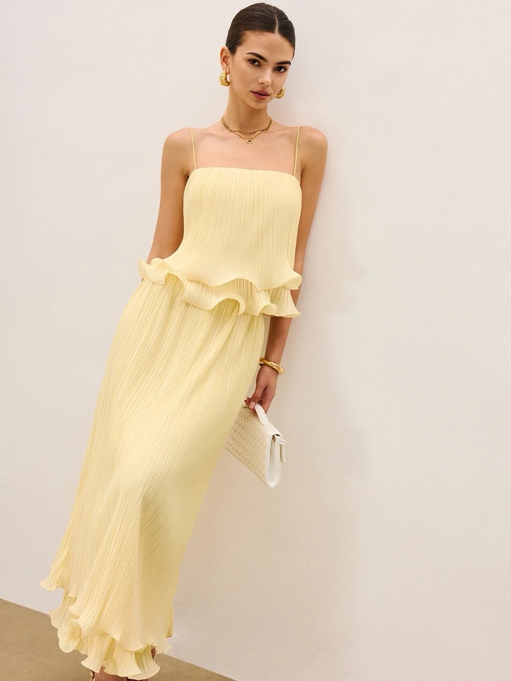 Commense Yellow Pleated Layered Ruffle Skirt Set